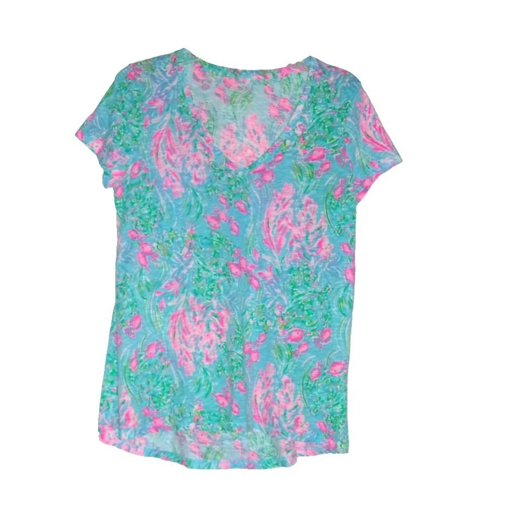 Lilly Pulitzerx  Abstract Fish Shirt Top Blue Pink Sz. S Cotton Impressionist